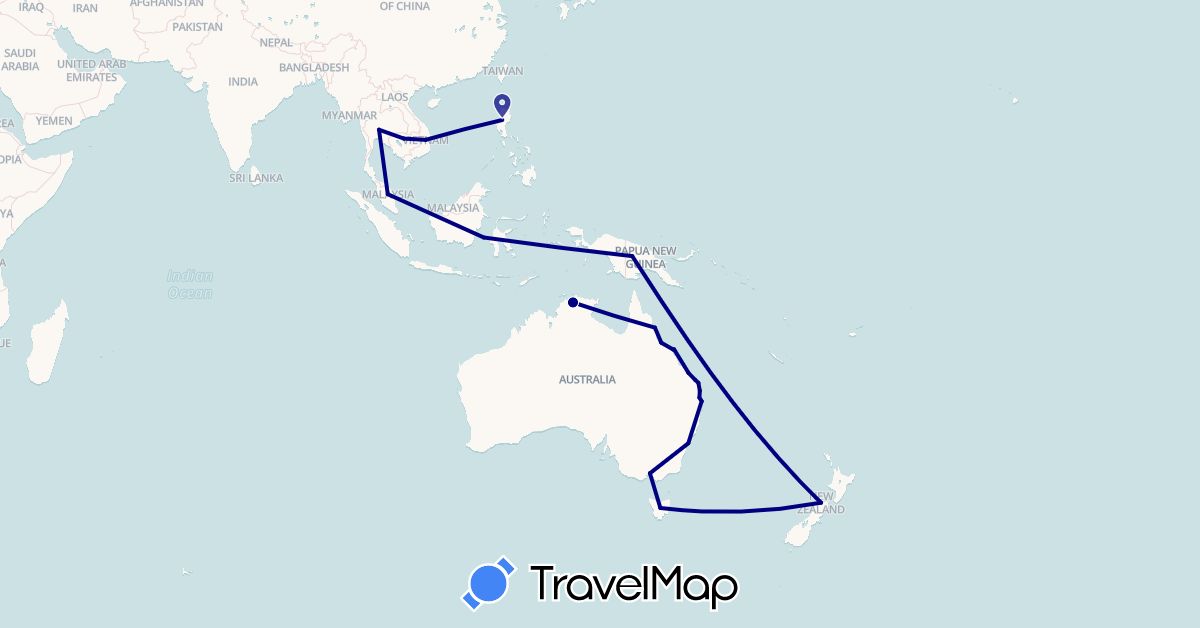 TravelMap itinerary: driving in Australia, Indonesia, Cambodia, Malaysia, New Zealand, Papua New Guinea, Philippines, Thailand, Vietnam (Asia, Oceania)